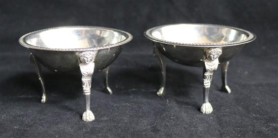 A pair of Italian silver salts, on caryatid tripod legs.